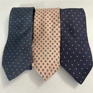 Hardy Amies London Mens Silk Tie Lot 3pc Navy Peach Geometric Medallion Vintage